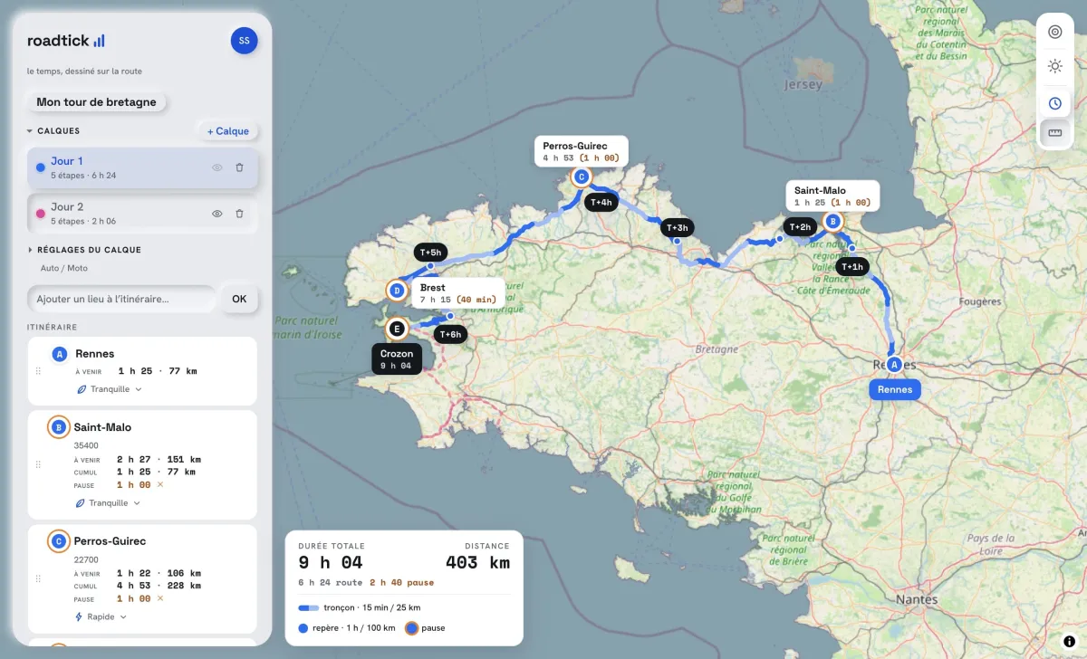 Repères de temps de route T+ sur le tracé